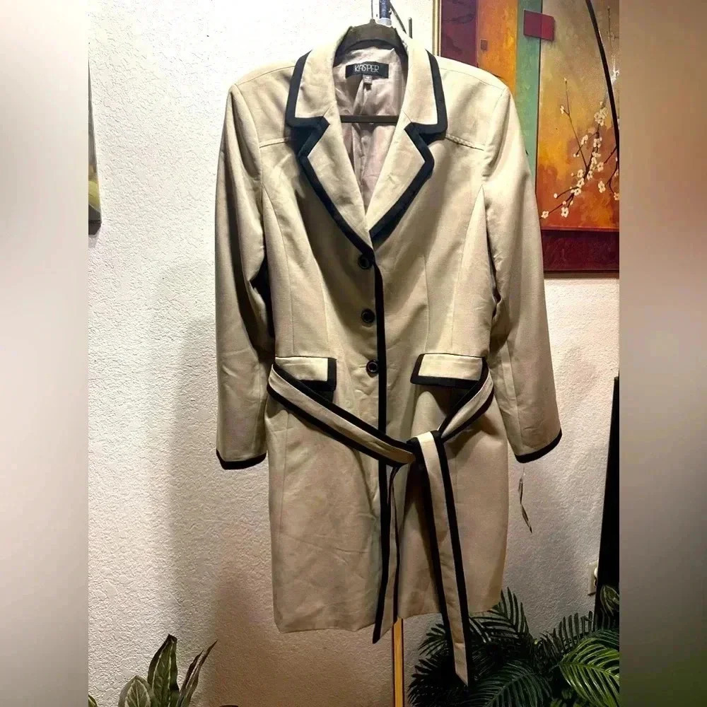 Kasper blue grotto summer straw/black belted trench coat size 18
